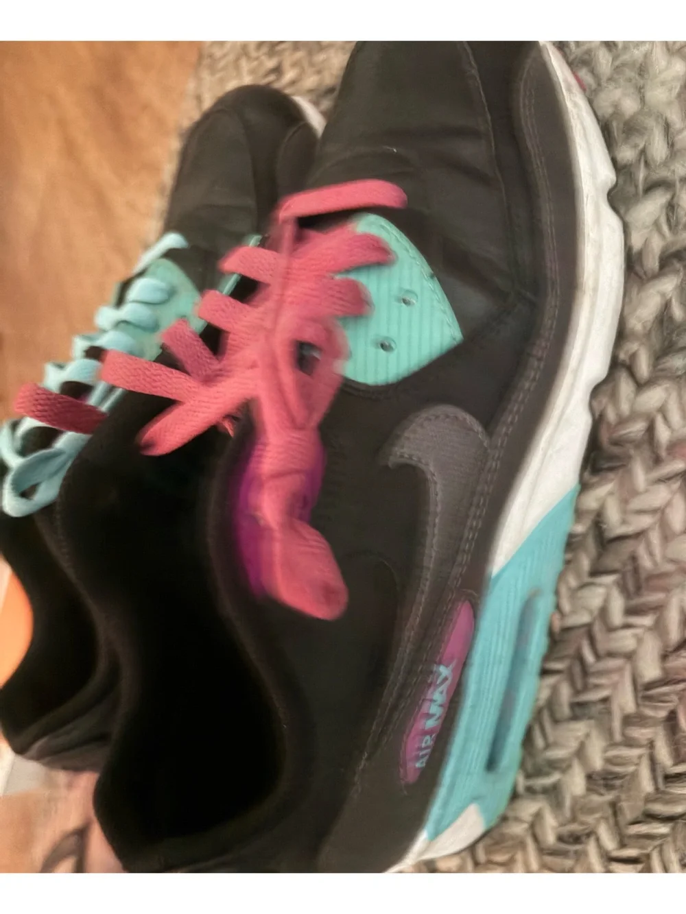 Nike air max 90s size 7 youth Black Sneakers with Pink and Light Blue Laces